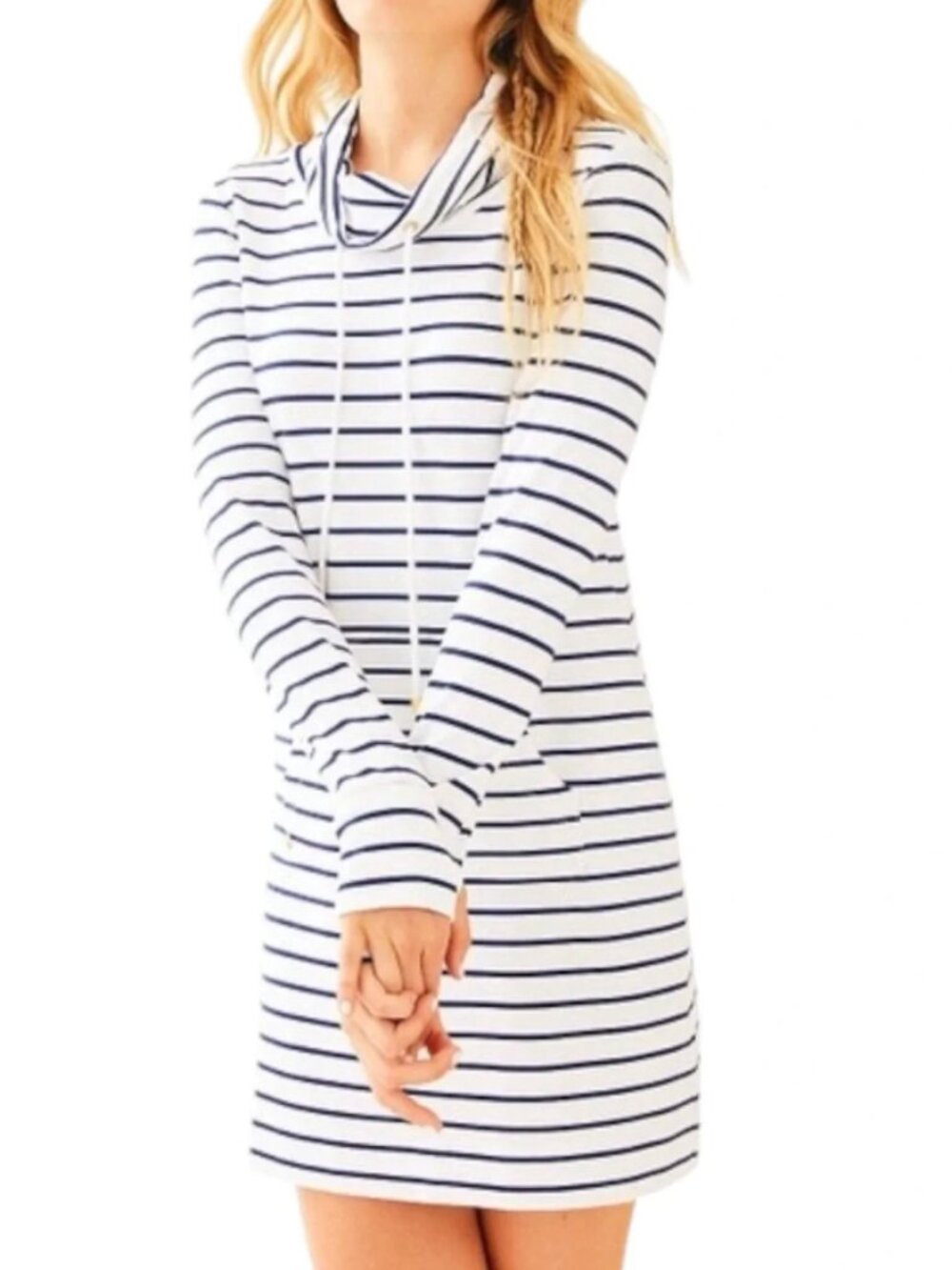 Lilly Pulitzer Hilary Popover Dress M White Mystic Stripe Long Sleeve Nautical